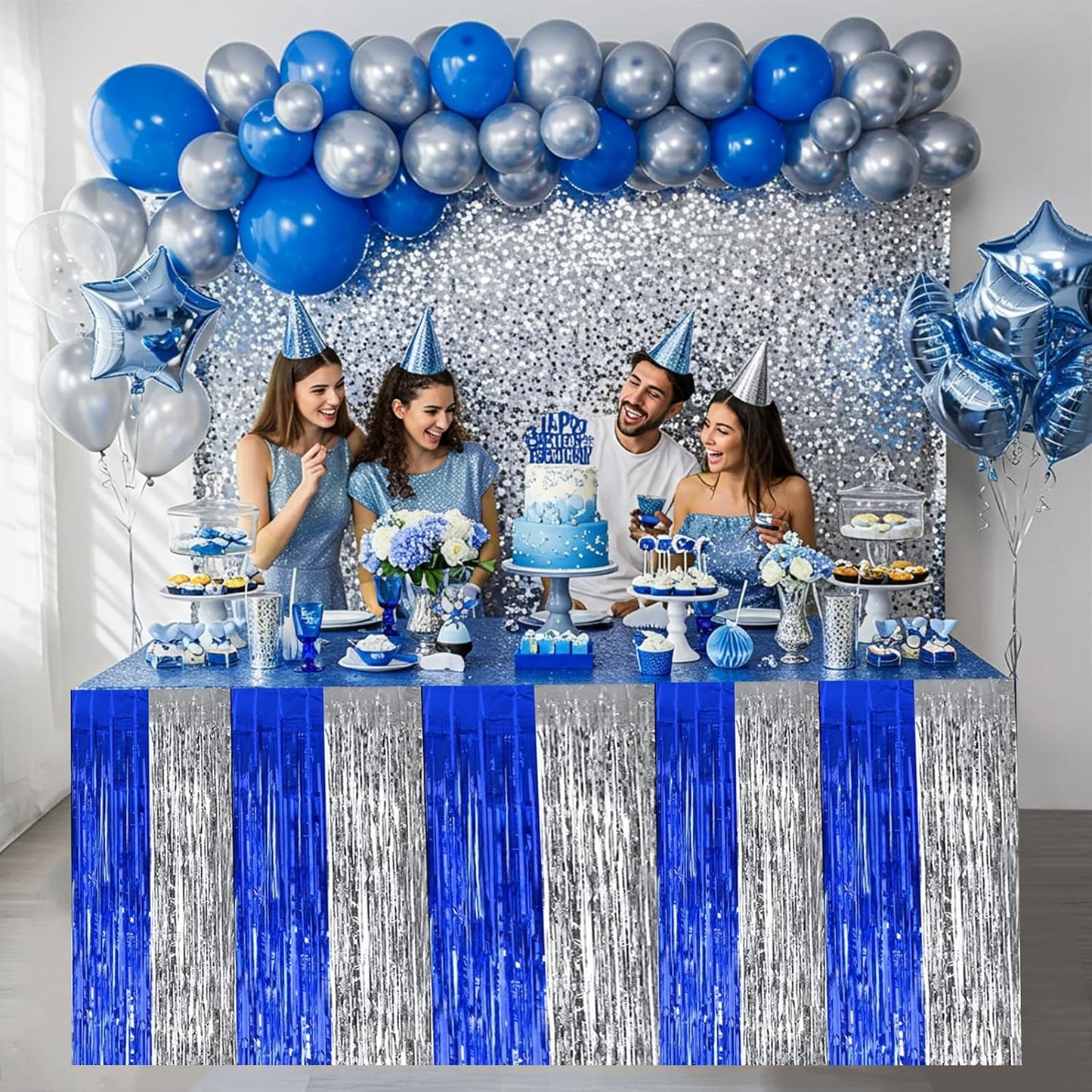 BEISHIDA 2 Pack Metallic Tinsel Foil Fringe Table Skirts for Rectangle & Round Tables Hot Pink Kids' Birthday, Holiday Cartoon Party Decorations for Birthday Valentines Baby Shower Festive Events