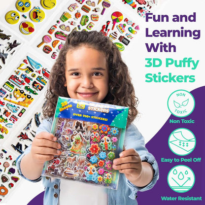 Puffy Stickers for Kids 45 Sheets - 3D Puffy Sheets - 1300+ Kids Stickers - Perfect for Party Bag Fillers, Sticker for Scrapbooking, Fun with Sticker of Cars, Letters, Numbers, Dinosaur, Stars & More