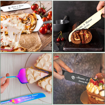 HJX Personalized Wedding Cake Knife and Server Set with Champagne Flutes, Custom Name Text Toasting Glasses for Bride and Groom, Cake Cutting Set Ideal Wedding Engagement Bridal Shower Gift