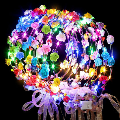 50 PCS LED Flower Crowns Headbands with Ribbons, Light Up Flower Headband for Women, Glow in the Dark Party Supplies for Wedding Birthday Party