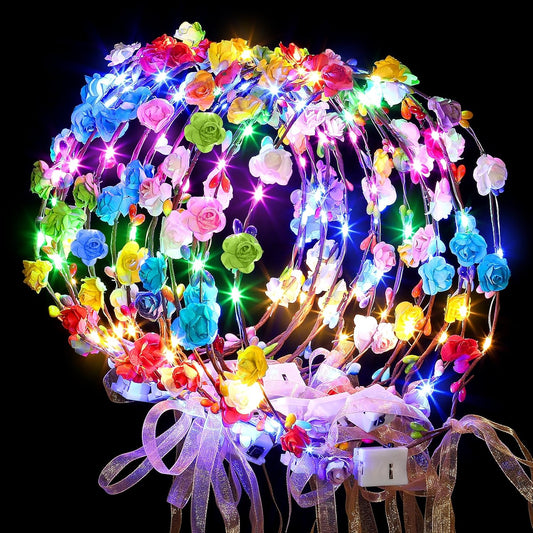 50 PCS LED Flower Crowns Headbands with Ribbons, Light Up Flower Headband for Women, Glow in the Dark Party Supplies for Wedding Birthday Party
