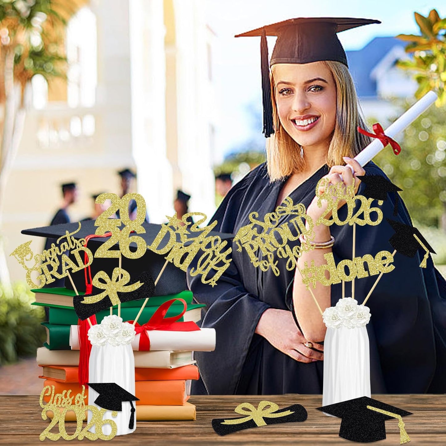 24Pcs 2026 Graduation Table Centerpieces Gold, Graduation Centerpieces for Tables 2026 Gold Class of 2026 Graduation Centerpiece Sticks for 2026 Graduation Party Table Decorations Gold