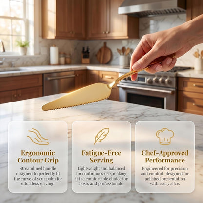 Gold Cake Knife and Server Set of 2, 9" Stainless Steel Serrated Cake Cutter and Spatula for Cutting & Serving Wedding Cake, Dessert, Pie, Pizza - Dishwasher Safe Cake Cutting Set