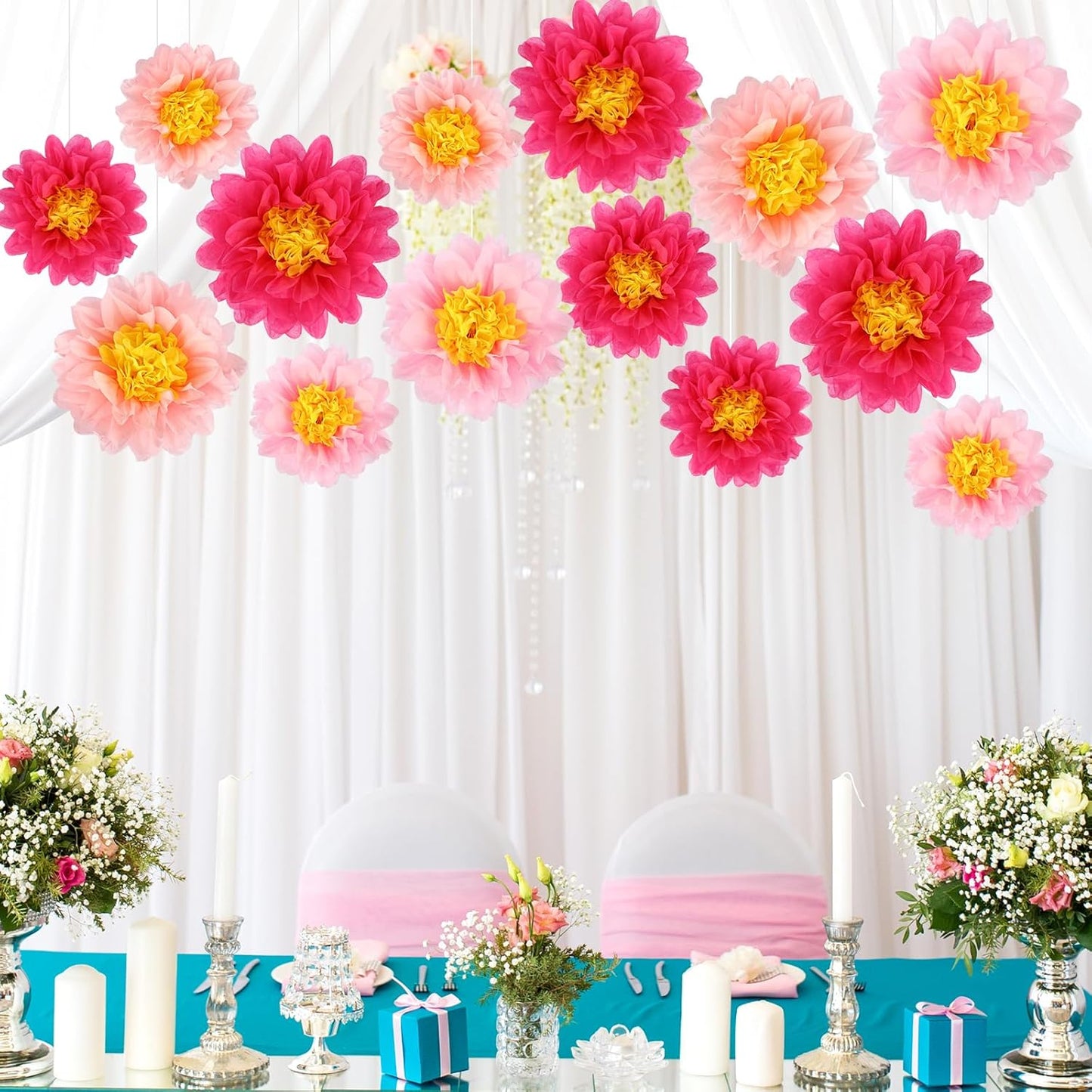 BestoFun 14 PCS Orange & Hot Pink Tissue Paper Flowers – Vibrant Party Decorations for Birthday, Baby Shower, Wedding, Fiesta, and Holiday Events