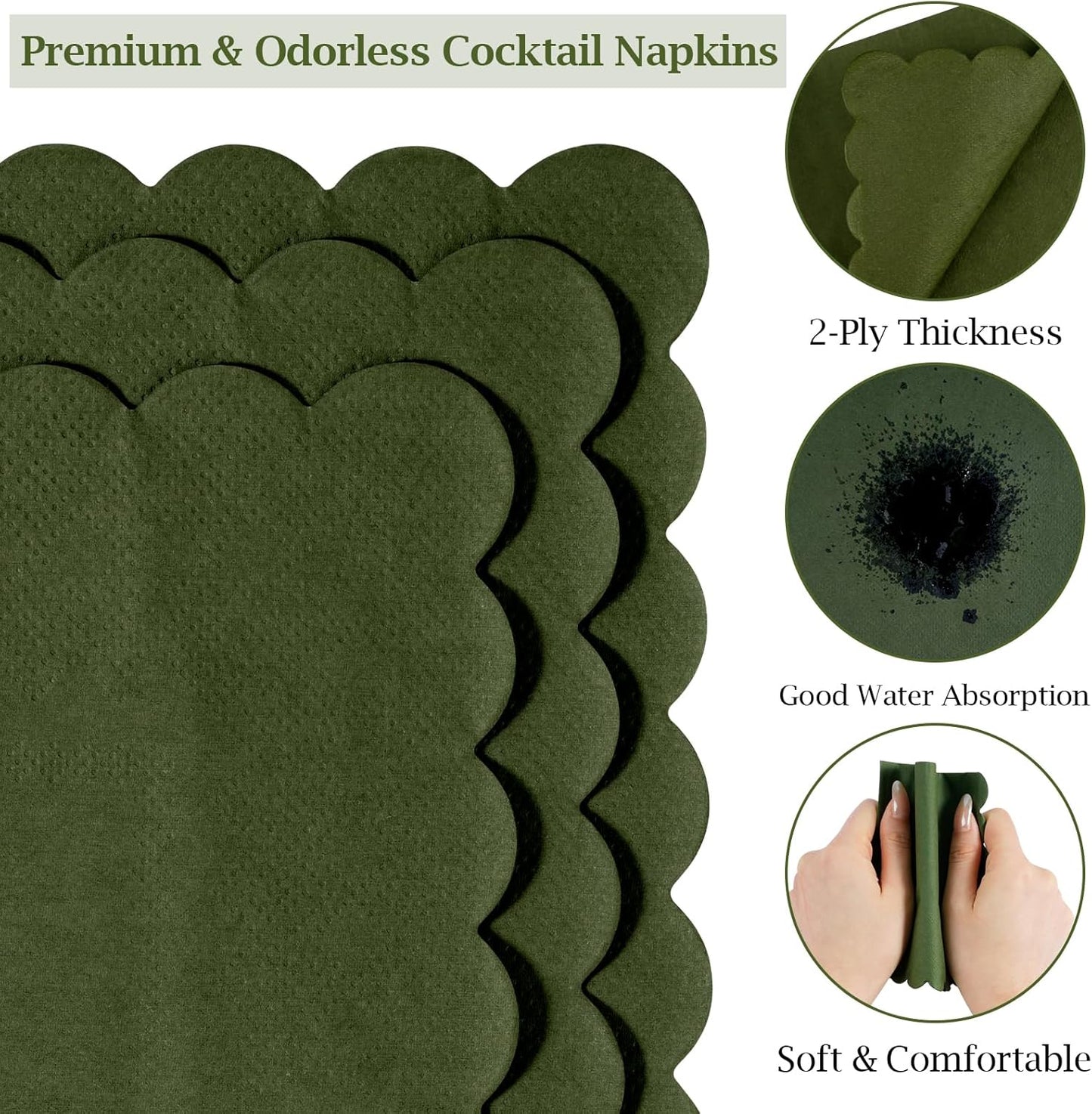 100 Pcs Cocktail Napkins, 2-Ply 5 x 5 Inches Disposable Scalloped Napkins, Thick Premium Dessert Napkins for Party, Wedding, Dinner, Birthday, Anniversary, Festival (Sage Green)
