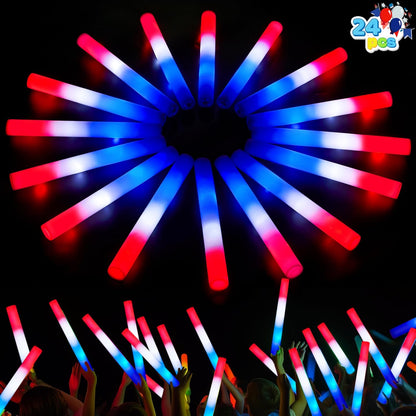 JOYIN 24Pcs July 4th Foam Glow Sticks, Red White Blue Patriotic LED Sticks with 3 Modes Flashing for Kid Adult, Glow in The Dark Party Favor Supplies for Independence Day Parade, Concert, Carnival