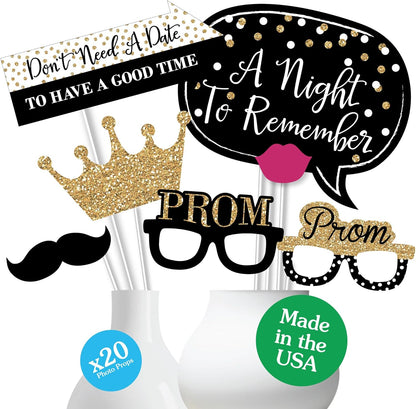 Big Dot of Happiness Prom - Photo Booth Props Kit, Dance Decorations, Photography Accessories, Party Decor- 20 Piece set