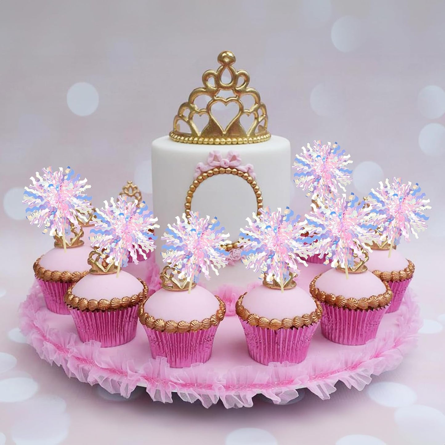 Ephlyn 30Pcs Foil Firework Cupcake Toppers Sparkle Tinsel Cupcake Picks Drink Stirrers Cocktail Food Fruit Toothpicks for Baby Shower Graduation Party Supplies White