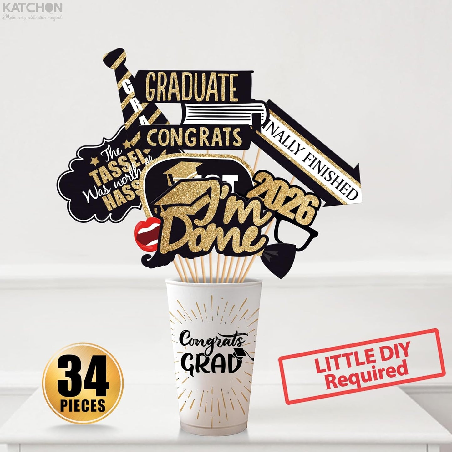 Graduation Decorations 2026 | Glitter Graduation Photo Props 2026 - Pack of 34 | Black and Gold Photo Props | Grad Photo Props for Congrats Grad Decorations | Graduation Party Decoration, KatchOn