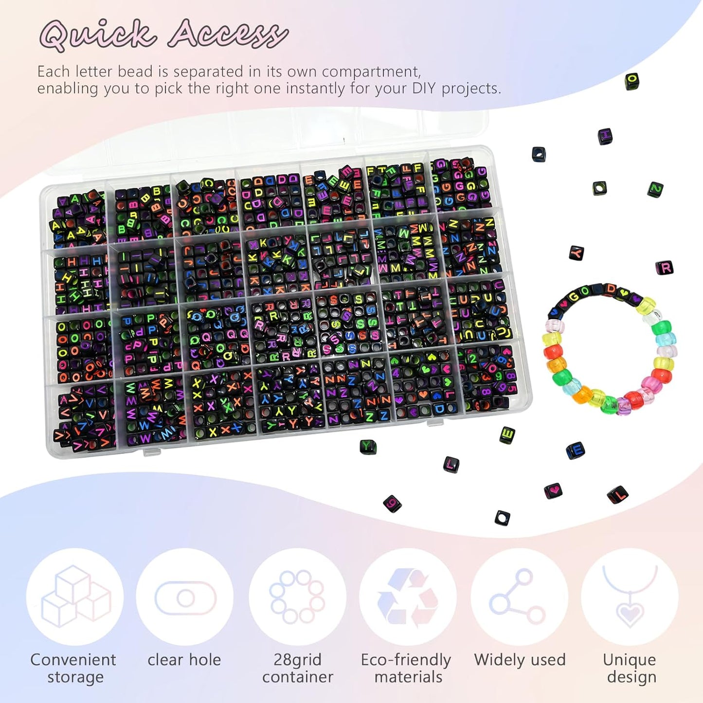 Amaney 1400pcs Glow Letter Beads, Heart Beads Whit Elastic Beading Cord,4x7mm Round Acrylic Alphabet Beads for Friend Bracelet Jewelry Making