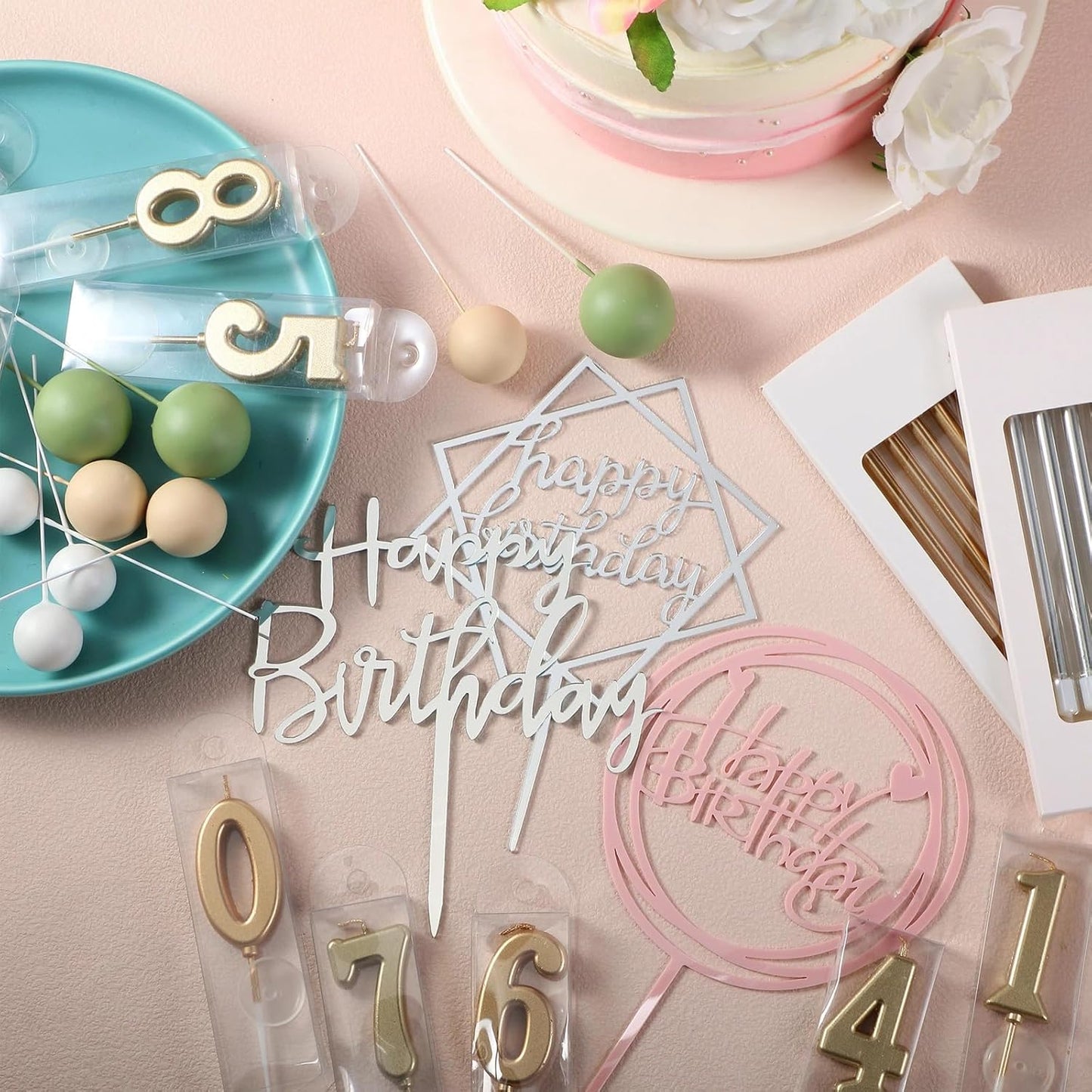 Yerliker 34 Pcs Happy Birthday Cake Toppers Decorations Birthday Candles DIY Cake Decor for Men Women Wedding Anniversary(Gold)