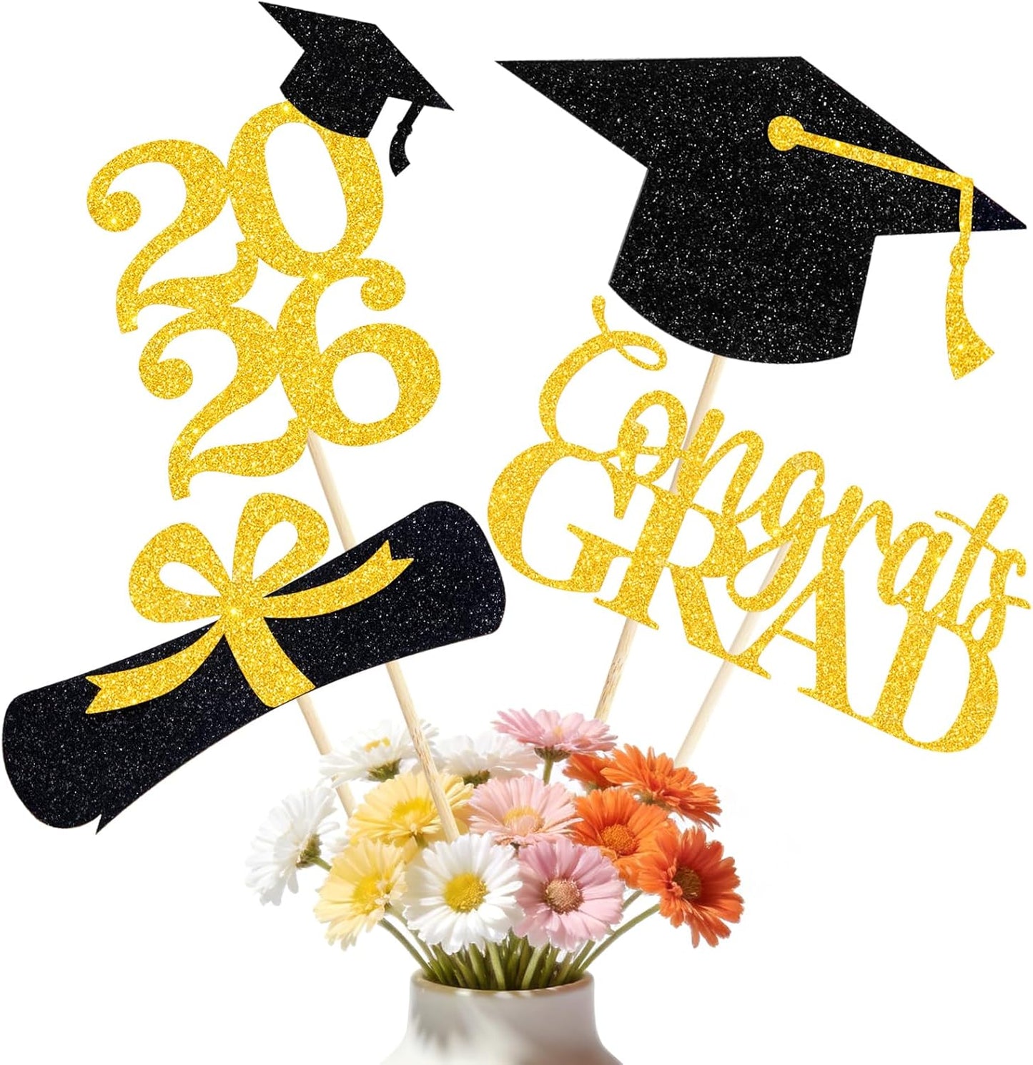 Graduation Decorations 2026, 16pcs Graduation Centerpieces for Table, Gold and Black Graduation Table Centerpieces Toppers, Class of 2026 Graduation Party Decorations Double Sided