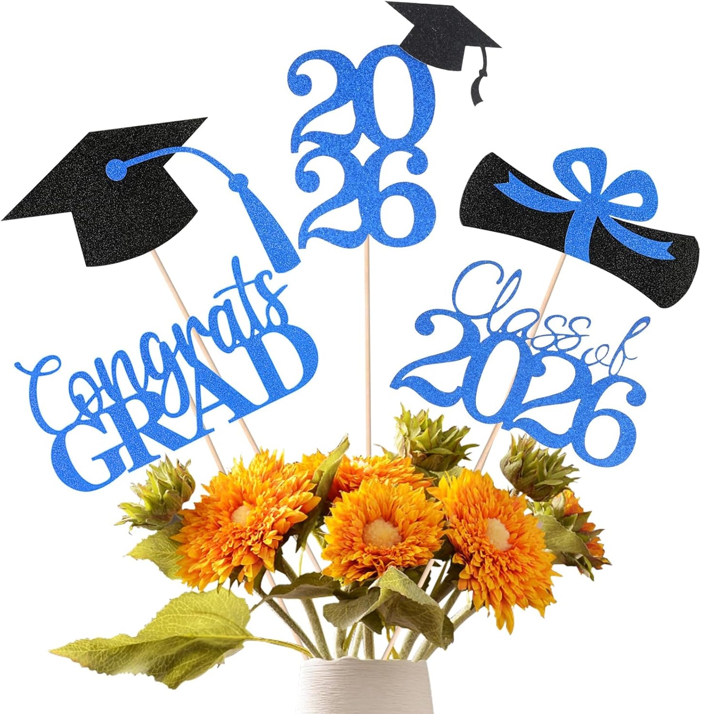 Graduation Decorations 2026, 20 PCS Sparkling Black Double-Sided Centerpiece Sticks for Tables, Class of 2026 Table Toppers and Party Supplies