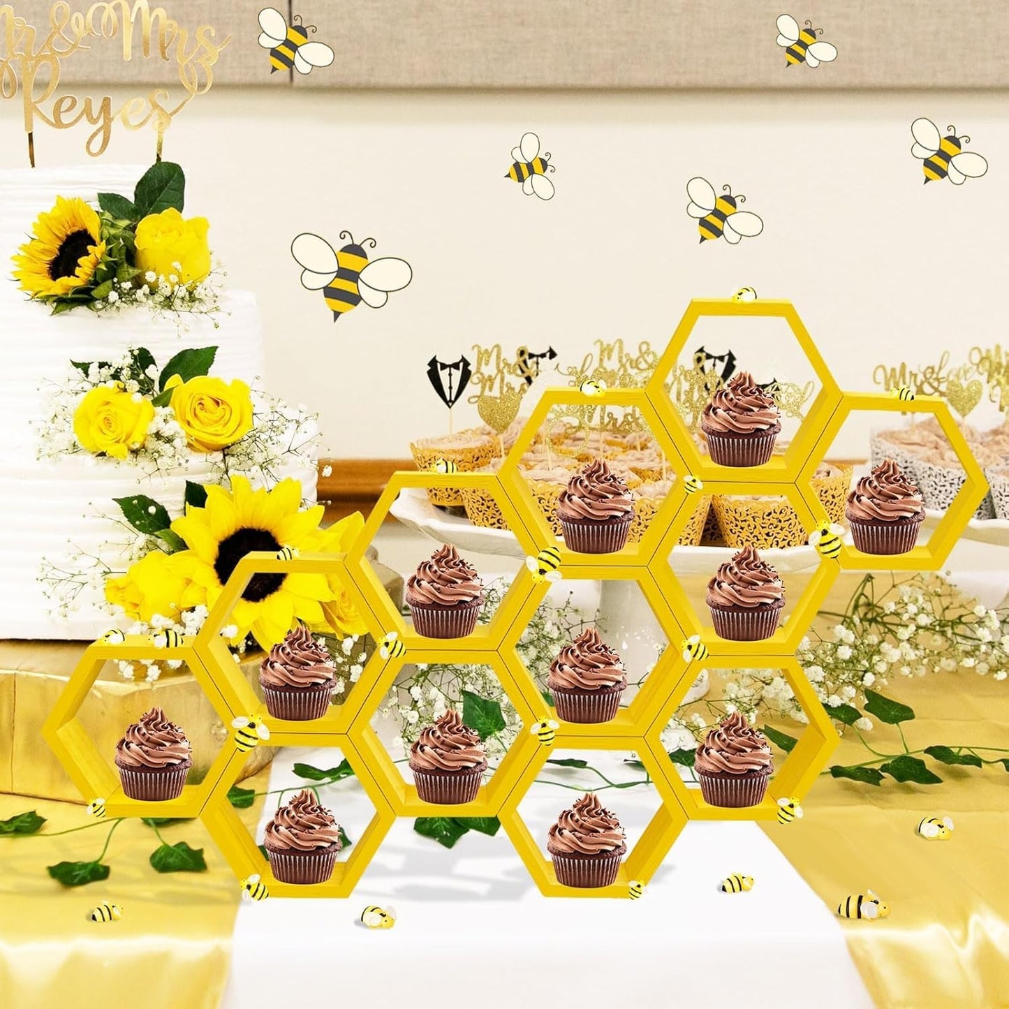 8 Pcs 4.13 Inch Honeycomb Cupcake Stand Cake Farmhouse Hexagon Display Holder Hexagonal Wood Cupcake Stand Floating Table Sign with Wooden Bee for Wedding Baby Shower Birthday Party Table Decorations
