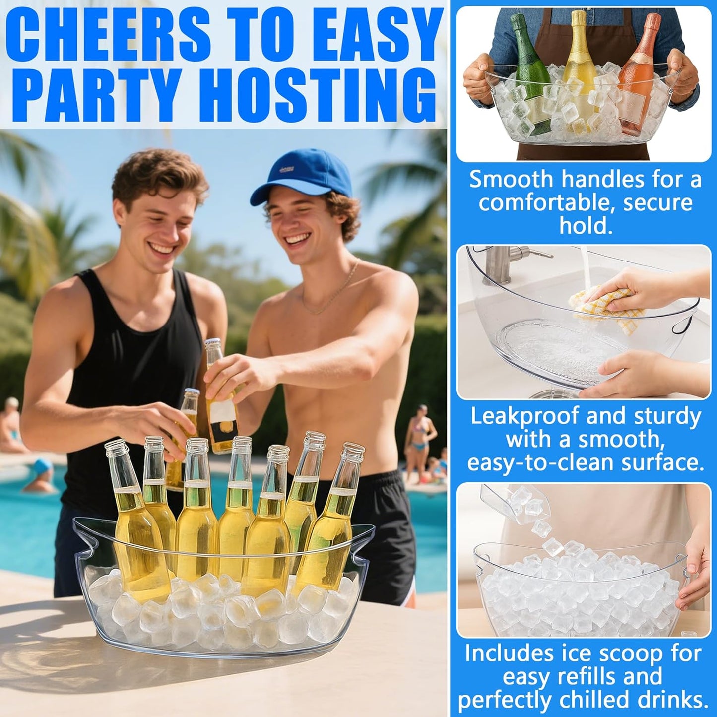 Ice Buckets for Parties Set of 2 – 5L Clear Beverage Tub with Ice Scoop & Faux Petals, Large Drink Buckets for Wine, Champagne, Beer, and Events