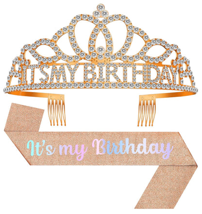 Birthday Tiara and Crown with Sash, Birthday Tiara for Women Party Silver