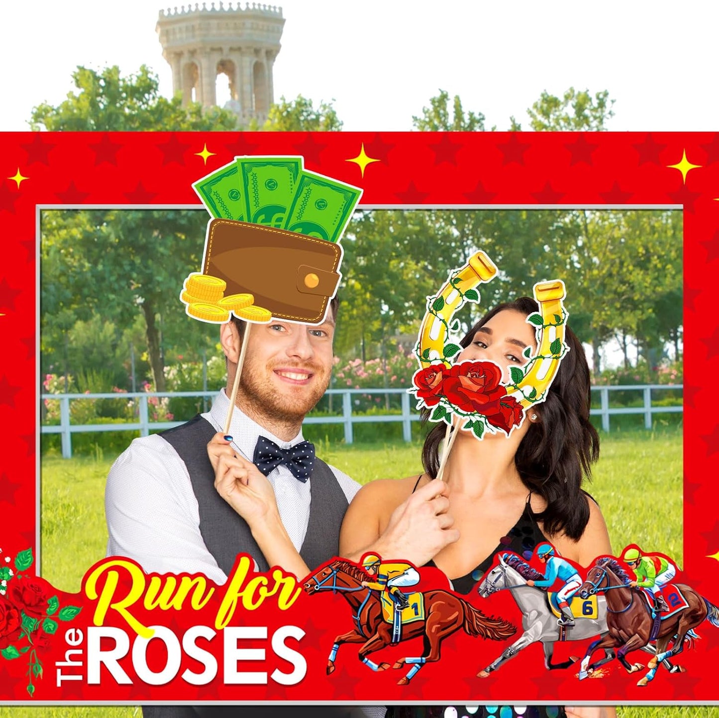 AmazingSpark Derby Decorations Photo Booth Kit Large Horse Party Photo Booth Frame (20x28'') DIY Picture Props Selfie Accessories for KY Derby Party