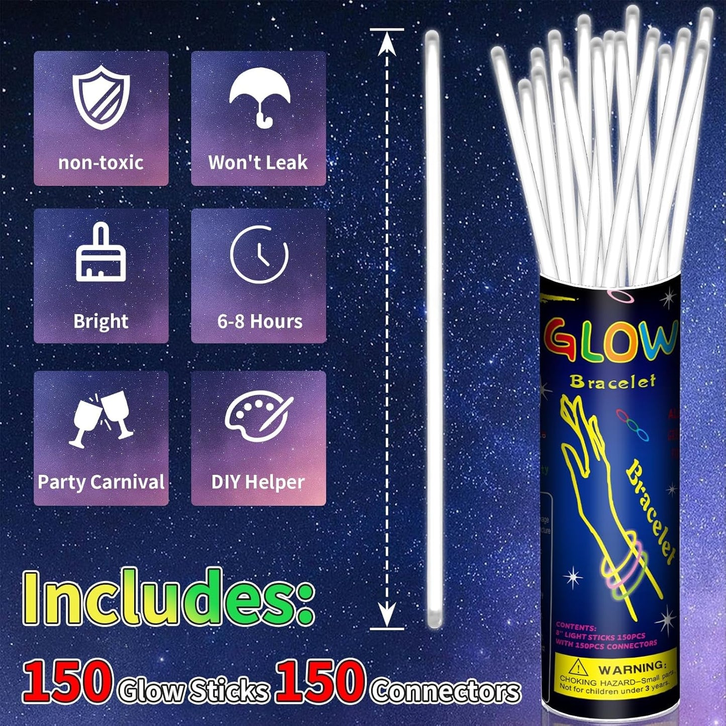 150 Pack 8” Red Glow Sticks Bulk with 150 Connectors Neon Glow In The Dark Party favors Supplies for Holiday Birthday Party Decoration (Red)