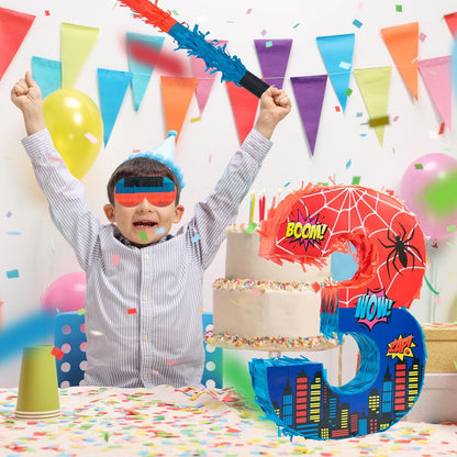 Number 4 Spider Pinata Bundle with 16 Inch Piñata Stick Blindfold Confetti for Hero Birthday Party Decoration Anniversary Celebration Gift Spider Party Favors for Kids, 16 x 11.6 x 2.4 Inch
