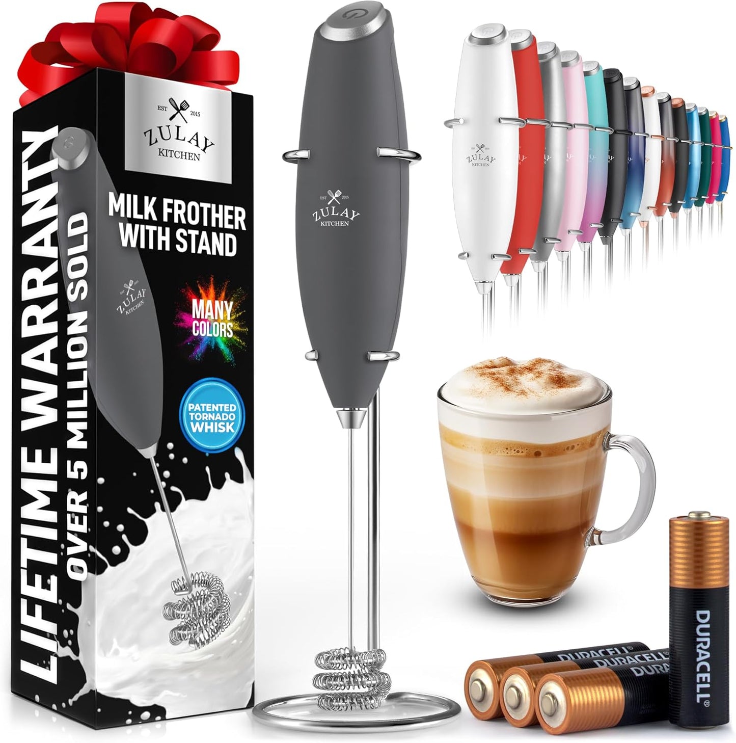 Zulay Kitchen Powerful Milk Frother Wand With Duracell Batteries - Ultra Fast Handheld Drink Mixer - Electric Whisk Foam Maker for Coffee, Lattes, Cappuccino & Matcha - Z1 Motor - Black - Colors A
