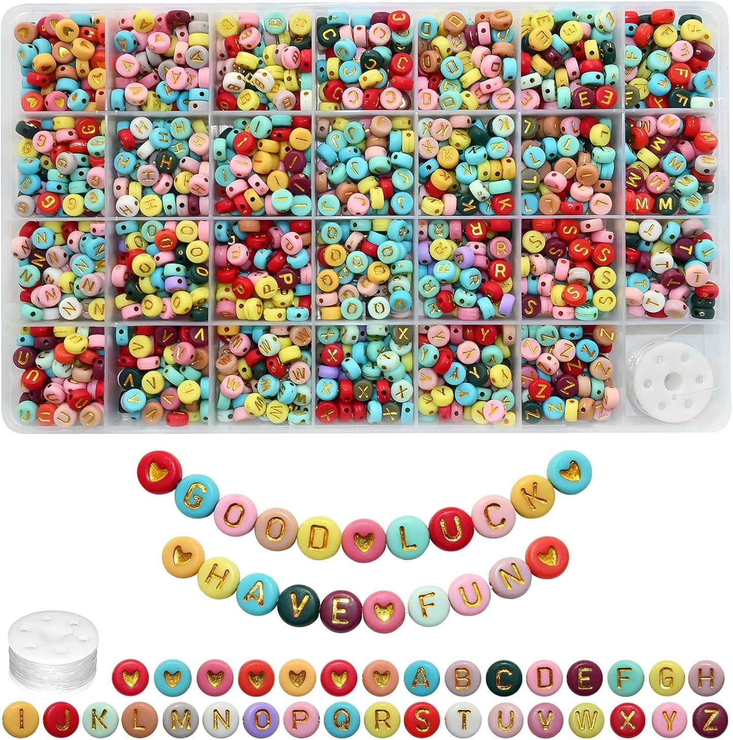 Amaney 1400pcs Glow Letter Beads, Heart Beads Whit Elastic Beading Cord,4x7mm Round Acrylic Alphabet Beads for Friend Bracelet Jewelry Making