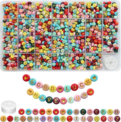 Amaney 1400pcs Glow Letter Beads, Heart Beads Whit Elastic Beading Cord,4x7mm Round Acrylic Alphabet Beads for Friend Bracelet Jewelry Making