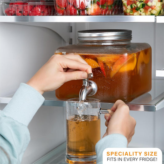 Glass Drink Dispenser for Fridge - Stainless Steel Spigot Mason Jar Dispenser with Wide Opening & Easy-Fill - Beverage Storage for Outdoor, Water, Iced Tea, Juice, Sangria & Detergent, 1 GALLON