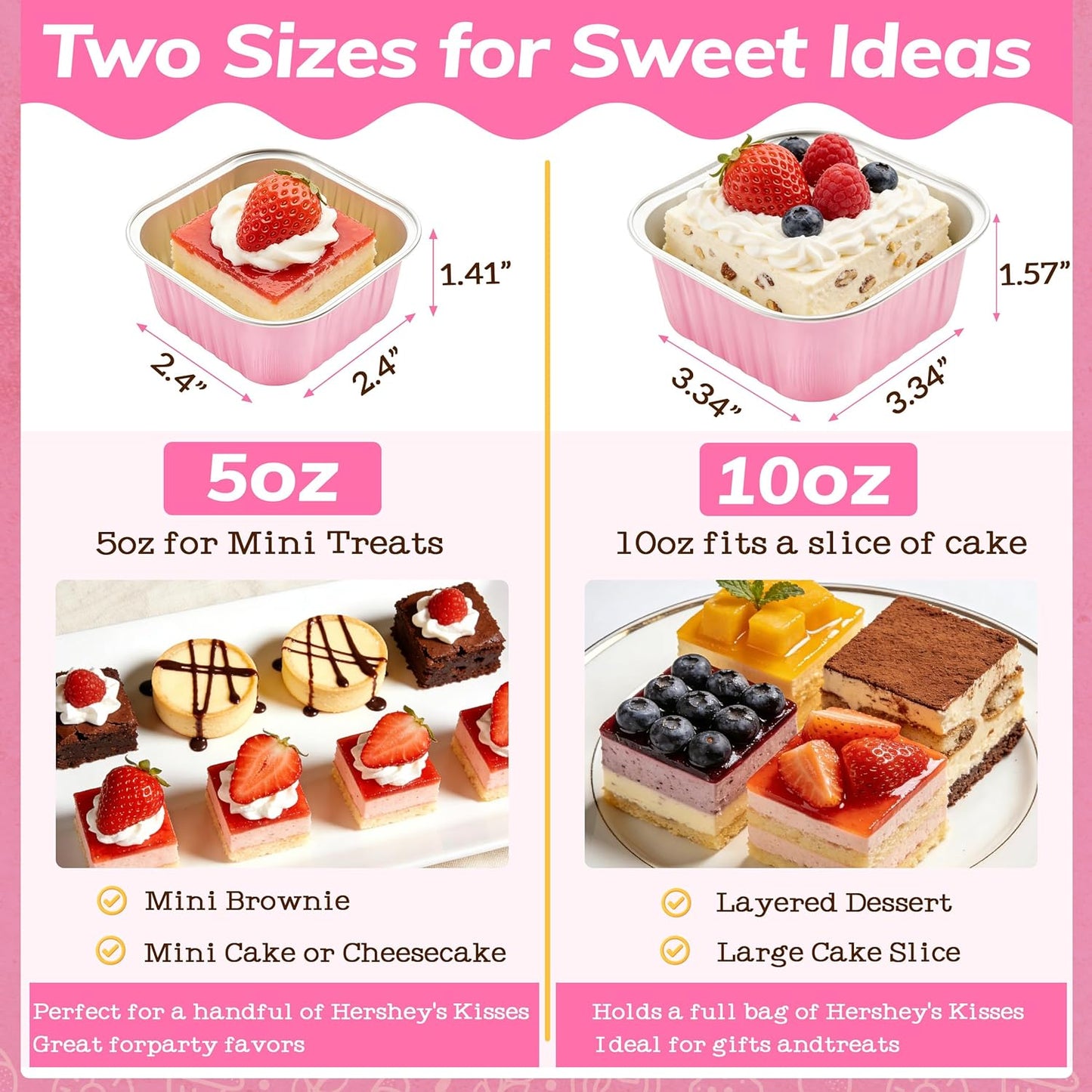 NPLUX 50 Pcs Mini Cake Pans with Lids and Spoons Aluminum Foil Mini Square Baking Cups with Lids Disposable Ramekins Cake Pans Dessert Cups for Wedding Mothers Day Gifts Party Favors(Pink,5oz)