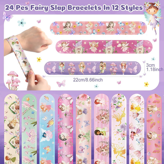 Funrous 48 Pcs Fairy Party Favors 24 Pink Mushroom Slap Bracelets Bulk and 24 Princess Theme Badges for First Birthdays Baby Showers Whimsical Woodland Party Supplies Gifts Classroom Rewards