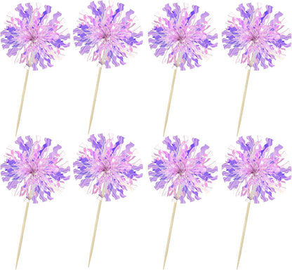 Ephlyn 30Pcs Foil Firework Cupcake Toppers Sparkle Tinsel Cupcake Picks Drink Stirrers Cocktail Food Fruit Toothpicks for Baby Shower Graduation Party Supplies White