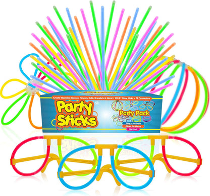 PartySticks Ultra Bright Bulk Party Supplies - Glow in The Dark Glow Sticks with Eye Glasses, Bracelets, and Connectors - Light Up Halloween 4th of July Party Favors