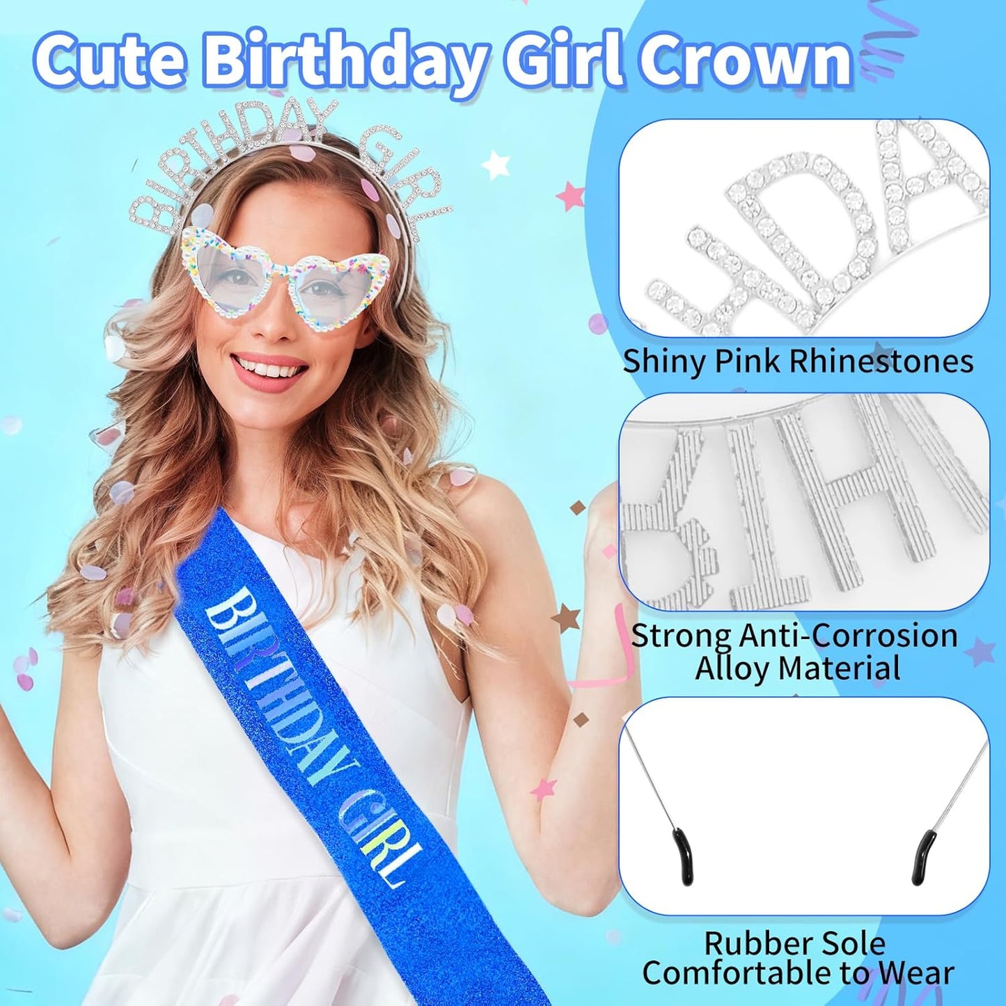 3Pcs Birthday Girl Sash Headband Set-Birthday Sash Tiara and Crown Sunglasses for Girls Women