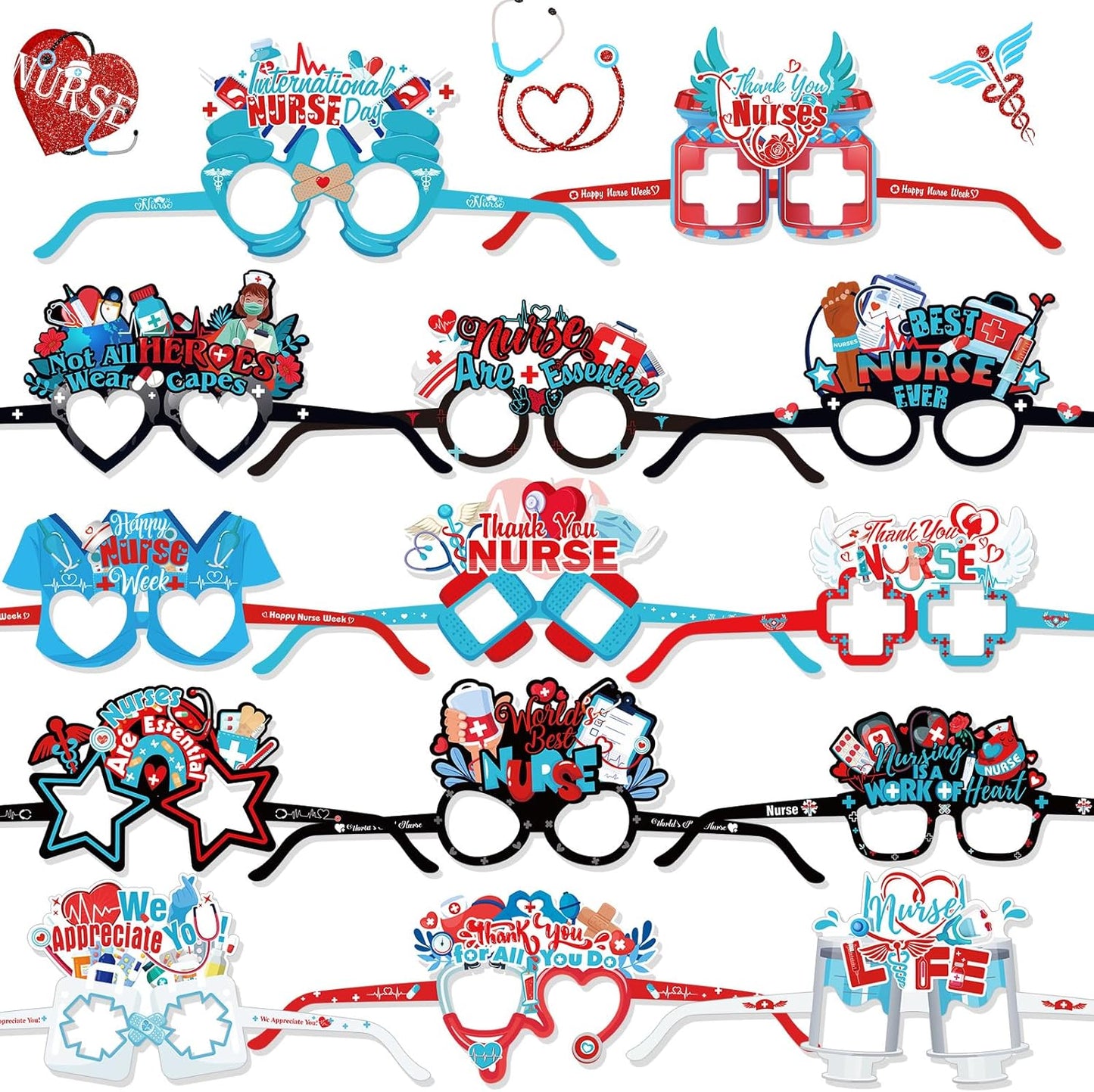 HOWAF Nurse Photo Booth Props Kit - Thank You Photo Frame with 14pcs Paper Glasses for Nurse Appreciation Week Decorations, Funny Eyeglasses