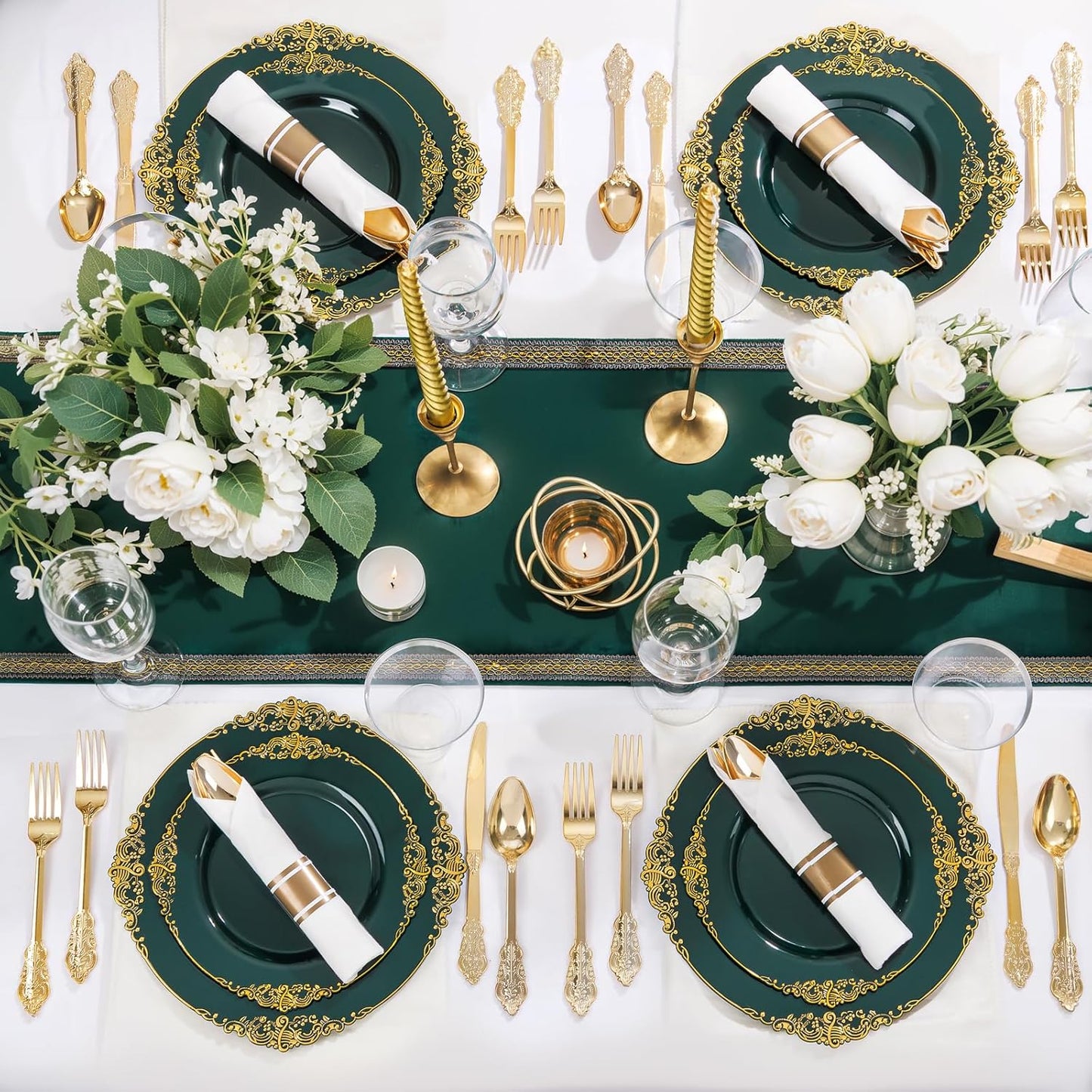 Nervure 350PCS Gold Plastic Plates - Gold Plastic Dinnerware Sets for 50 Guests - 100 Disposable Plates, 150 Silverware, 50 Cups, 50 Napkins for Wedding & Party & Mothers Day