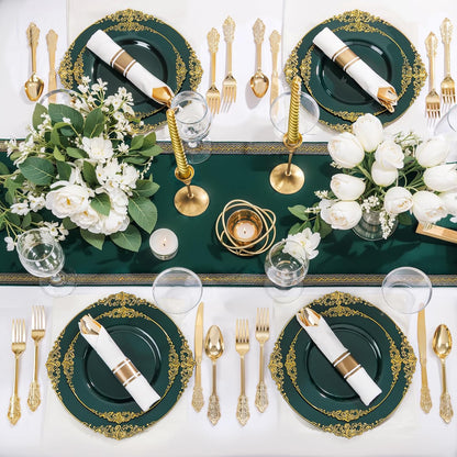 Nervure 350PCS Gold Plastic Plates - Gold Plastic Dinnerware Sets for 50 Guests - 100 Disposable Plates, 150 Silverware, 50 Cups, 50 Napkins for Wedding & Party & Mothers Day