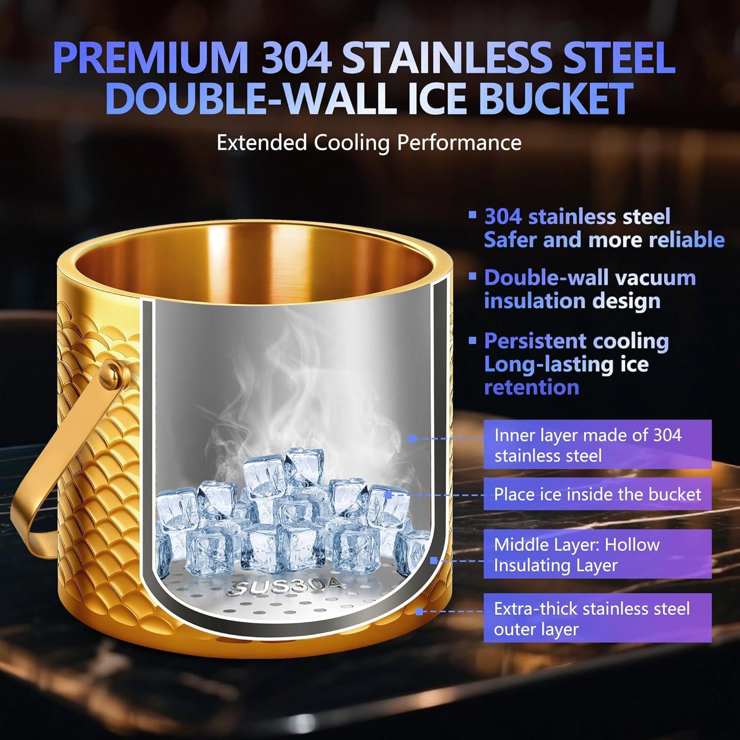 Ice Bucket, Ice Bucket with Silicone Sealing Ring Double-Wall Vacuum Insulation Champagne Buckets with Filter Layer Ice Tongs Ice Scoop (Gold, 3 L)