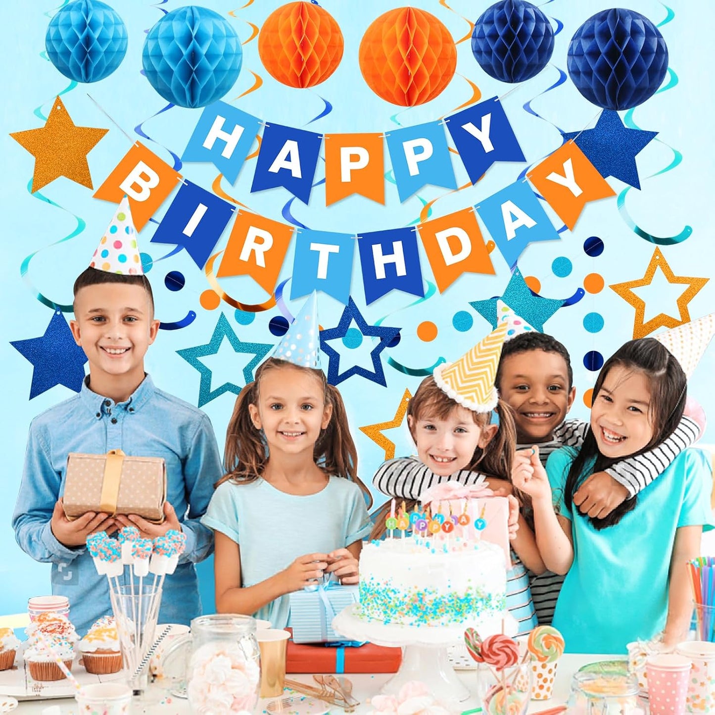 meowtastic Birthday Decorations, Happy Birthday Banner with Honeycomb Balls, Stars Hanging Swirl Streamers, Circle Dots Garland, Happy Birthday Party Decorations for Women Men Boys Girls (Blue)