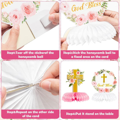 ANGOLIO White Gold Floral Honeycomb Centerpieces - 12Pcs Cross Rose Greenery God Bless Baptism Party Decoration Baby Shower First Communion Birthday Party Supplies for Boy Girl 3D Wedding Table Topper