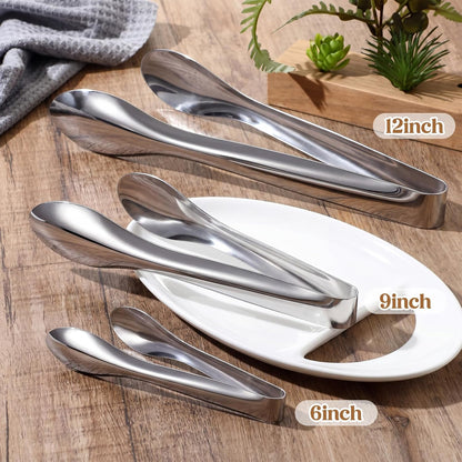 2 Pack Polished Stainless Steel Serving Tongs 9 and 12 Inch Metal Food Silver Tong for Buffet Salad BBQ Grilling Heavy Duty Kitchen Utensils for Cooking Catering Wedding Party