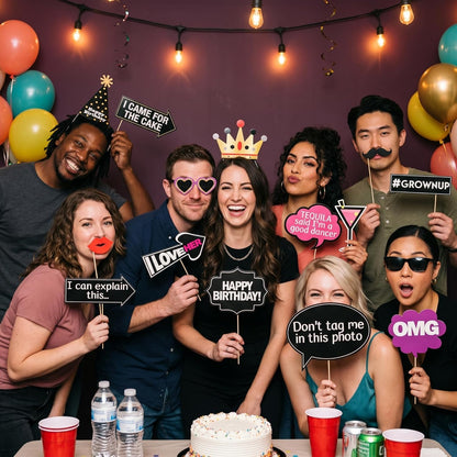 Funny Birthday Photo Booth Props - 47 Pieces - Funny Birthday Party Supplies for Him or Her - Photo Booth Decorations, Favors and Gifts