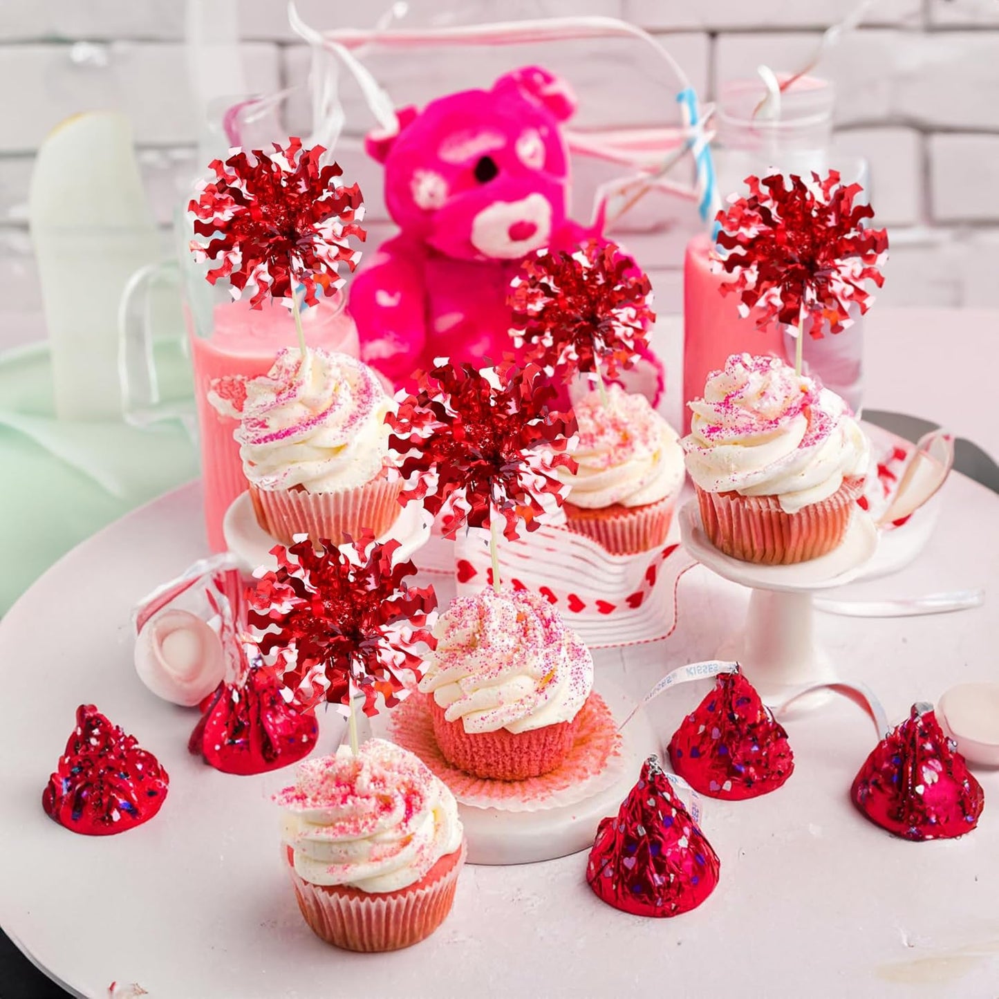 Ephlyn 30Pcs Foil Firework Cupcake Toppers Sparkle Tinsel Cupcake Picks Drink Stirrers Cocktail Food Fruit Toothpicks for Baby Shower Graduation Party Supplies White