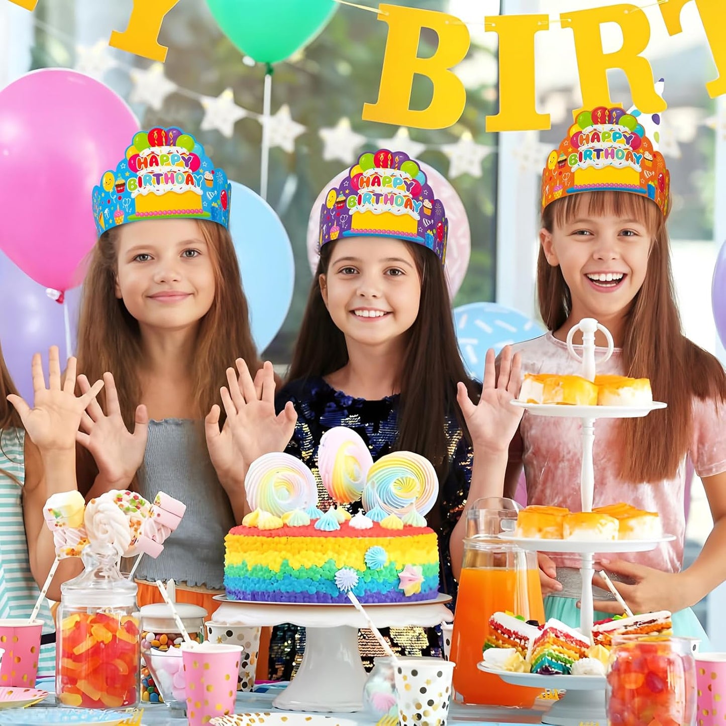 30 Pcs Birthday Party Crowns for Kids Happy Birthday Hats Colorful Crown Set Paper School Classroom Hats with Elastic Band for Classroom School Kids Teacher Party Supplies