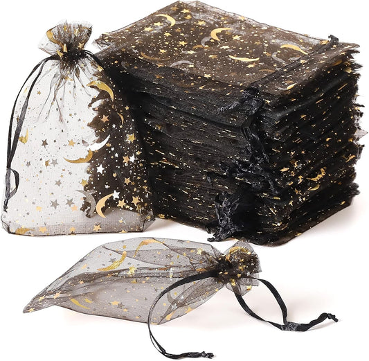 100PCS Moon Star Organza Bags, 4x6" Wedding Favors Bags with Drawstring, Mixed Color Little Mesh Gift Pouches Candy Organza Gift Bags for Party, Jewelry, Christmas, Mother's Day, Festival, Eid Mubarak Party Favor Bags