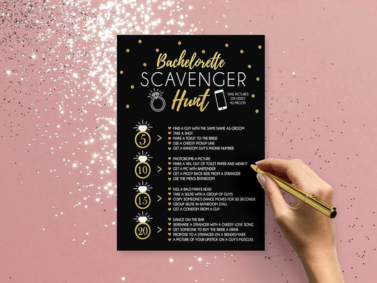 Your Main Event Prints 25 Bachelorette Scavenger Hunt Party Games, Drinking Game and Dares, Fun Novelty Cards for Girls Night Out