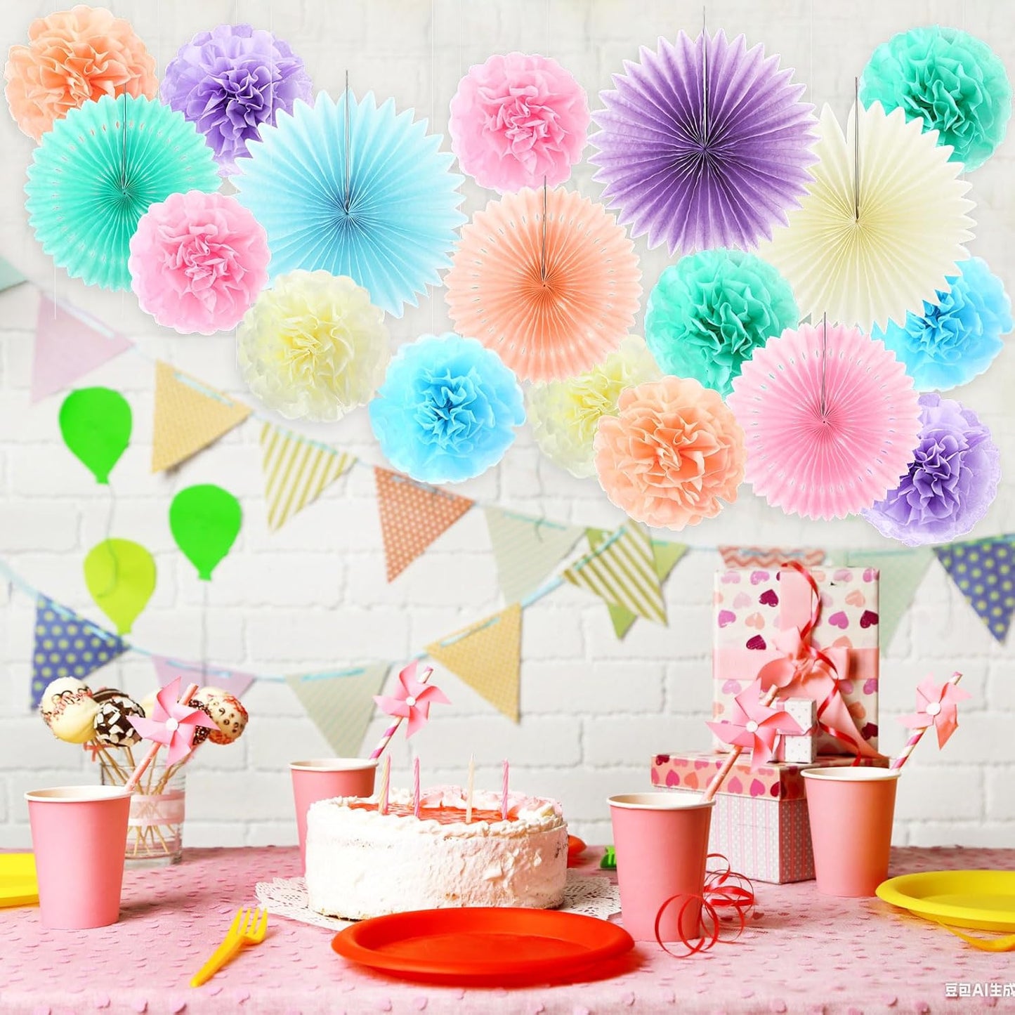 Kosiz 18 Pcs Pastel Rainbow Party Decorations Pastel Paper Fans 3D Floral Tissue Pom Poms Pink Hanging Paper Flowers Garland Classroom Home Wall Decor Birthday Baby Shower Bridal Wedding Supplies