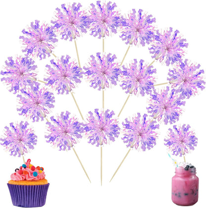 Ephlyn 30Pcs Foil Firework Cupcake Toppers Sparkle Tinsel Cupcake Picks Drink Stirrers Cocktail Food Fruit Toothpicks for Baby Shower Graduation Party Supplies White