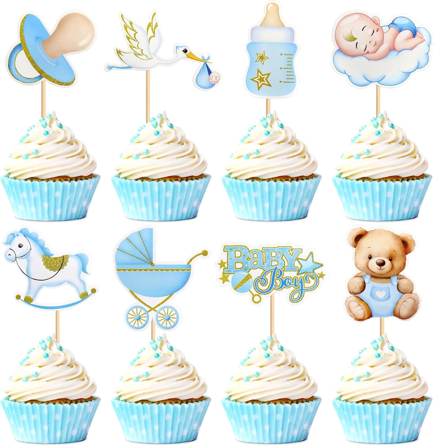 36Pcs Blue Baby Bear Cupcake Toppers Balloon Teddy Bears Cupcake Picks for Blue Baby Shower Gender Reveal Boys Bearly Birthday Cupcake Decorations We Can Bearly Wait Party Decorations Supplies