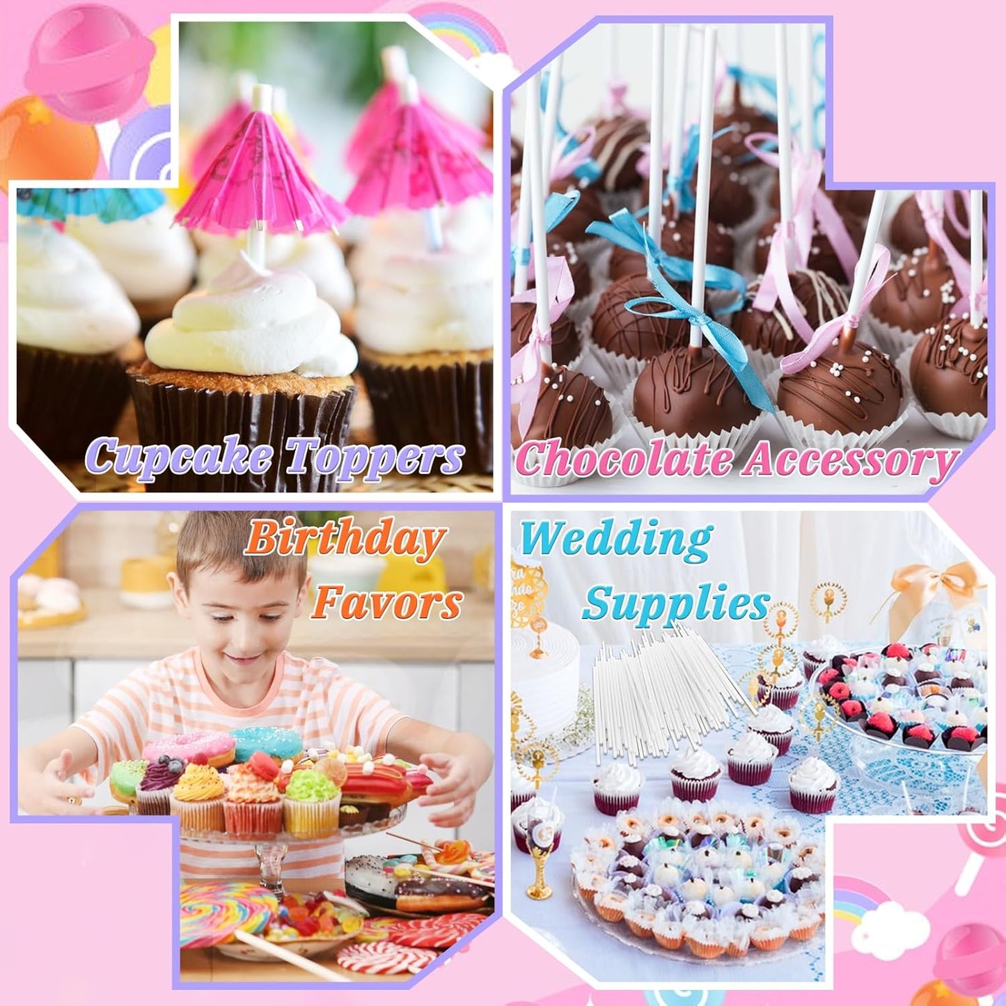 100 Count 6 Inch White Lollipop Sticks,Paper Cake Pop Stick,Sucker Treat Sticks for Chocolate Cookies Donut Packaging Wedding Party Cupcake Toppers Supplies 3.5mm