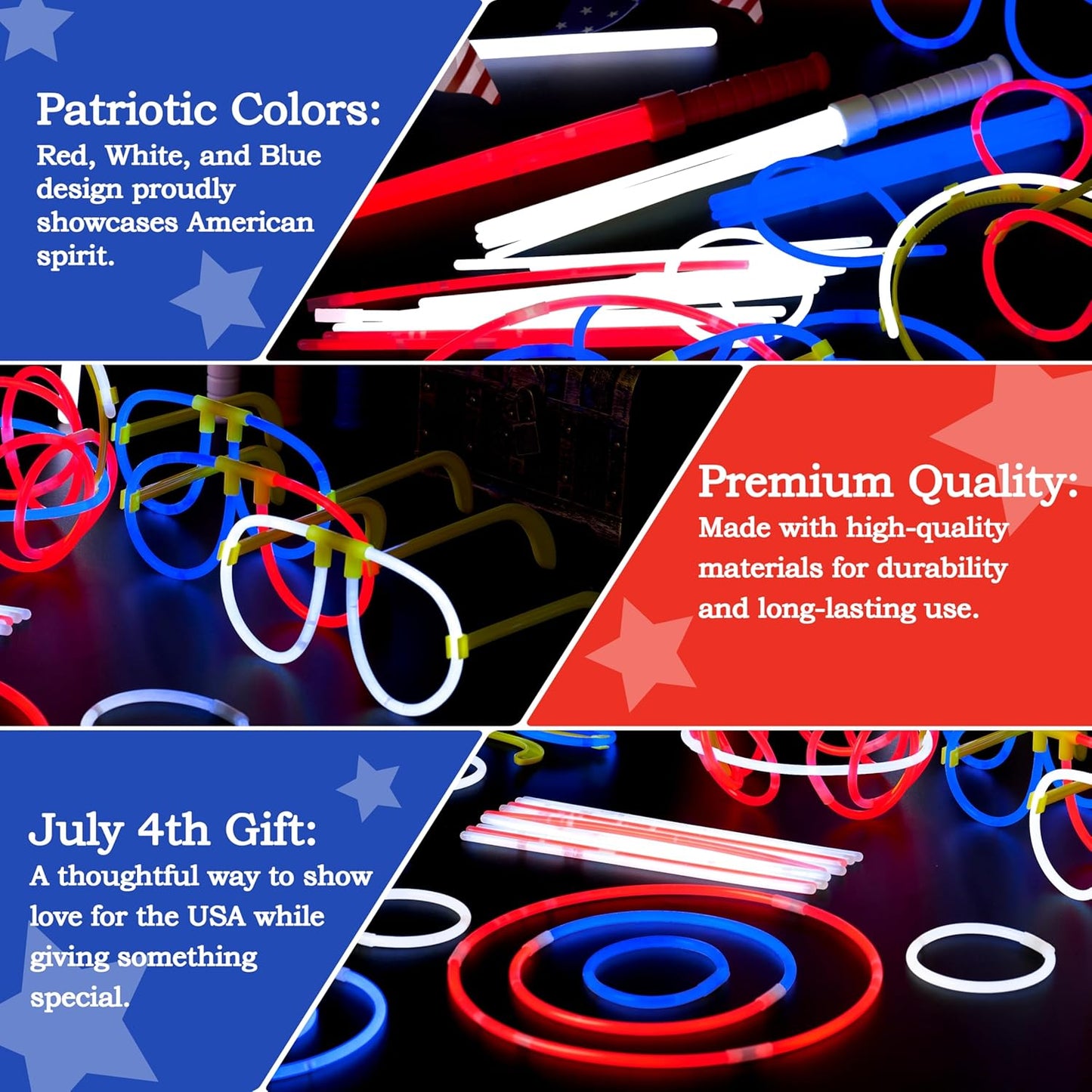 JOYIN 90 PCS July 4th Glow Sticks Set, Red White Blue Patriotic Glow Sticks with Connectors, Glow in the Dark Pinwheels Wands, Headbands & Glasses Party Favors for Independence Day Accessory Decor
