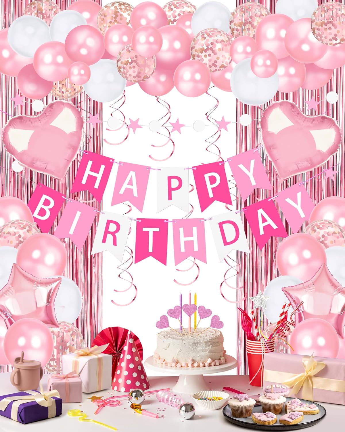 Lutoys Rose Gold Happy Birthday Party Decorations, Happy Birthday Banner, Rose Gold Foil Heart Star Confetti Balloons Curtain Backdrop Hanging Swirls Party Decor for Girls Women Princess
